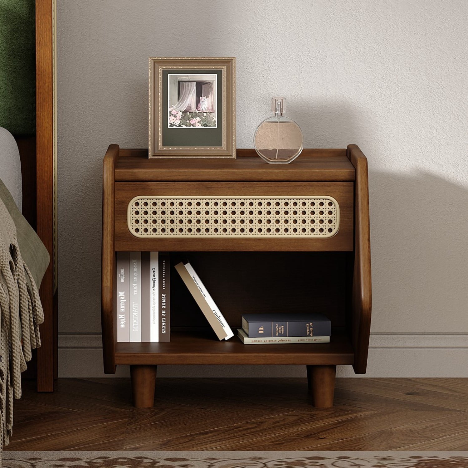 Walnut Nightstand with Rattan Detail, Modern Bedside Table with Drawer and Open Shelf, MDF & Solid Wood Storage End Table for Bedroom Living Room Apartment
