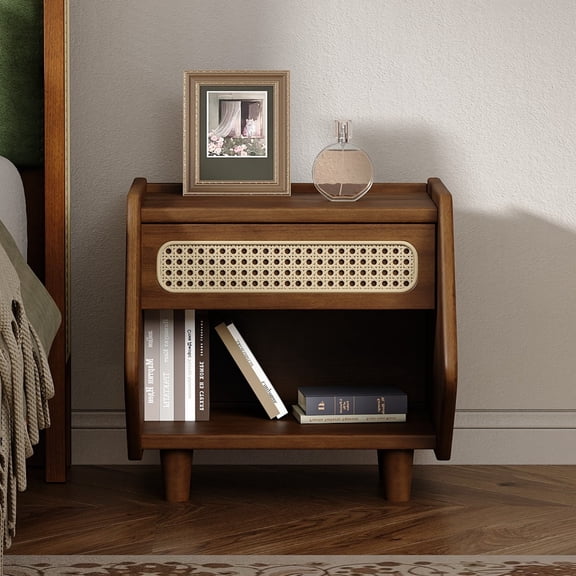 Walnut Nightstand with Rattan Detail, Modern Bedside Table with Drawer and Open Shelf, MDF & Solid Wood Storage End Table for Bedroom Living Room Apartment