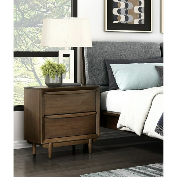 Walnut Nightstand With Charging And 2 Drawer Sections, Mid-century Look Modern Bedside Cabinet Drawers Feature
