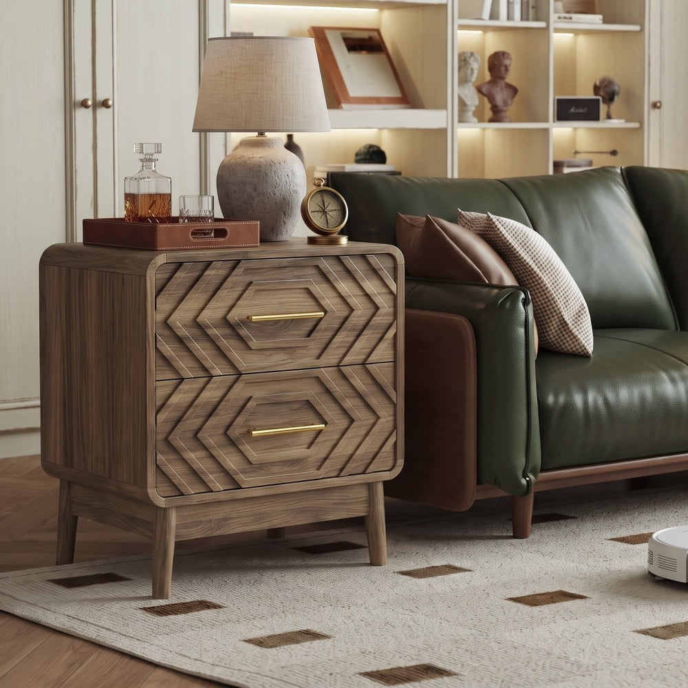Walnut Nightstand with 2 Drawers, Wood Grain Bedside Table with Solid Wood Legs & Gold Metal Handles, Rounded Corner End Table for Bedroom