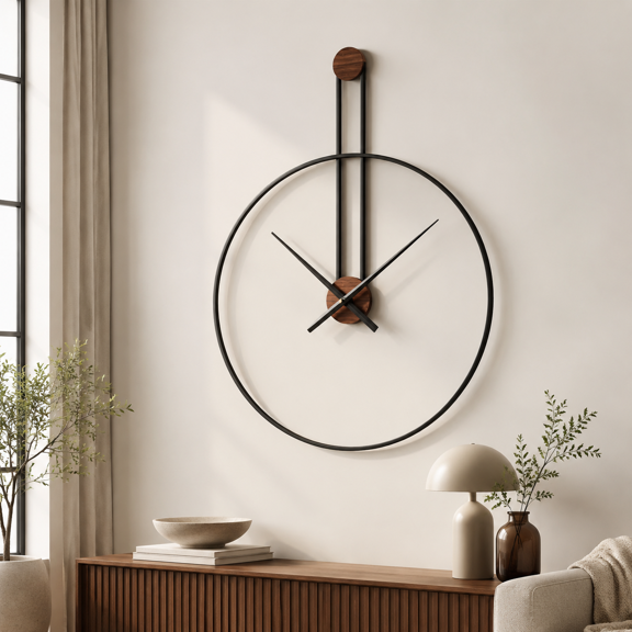 Walnut Numberless 30 Inch Decorative Wall Clock Modern Minimalist Metal and Wood Accent