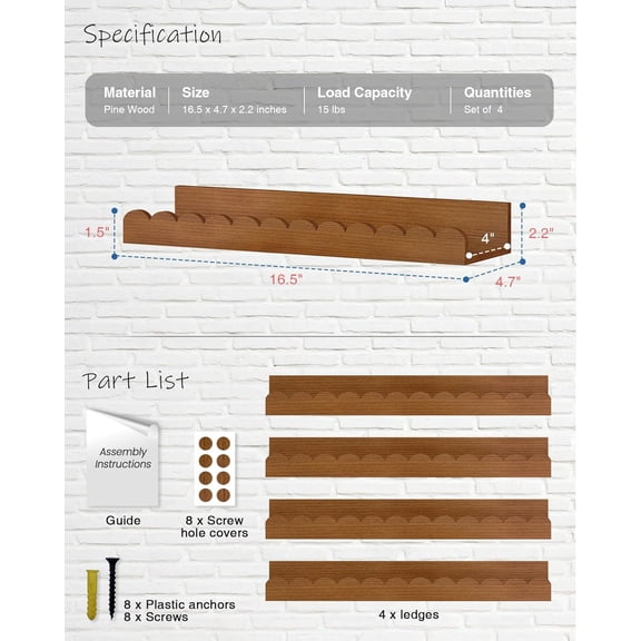 Walnut Nursery Book Shelves Wall Set of 4, Dark Wood Scalloped Floating Bookshelf for Wall, Cloud Wooden Hanging Shelving Unit for Kids Bedroom Baby Child Toddler Room Kitchen (Walnut Brown)