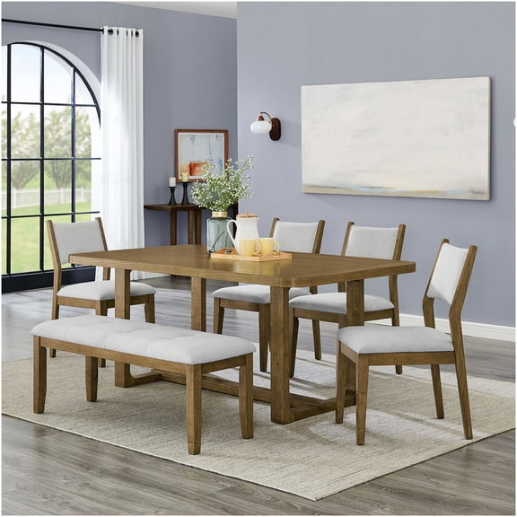 Walnut Oak 6-Piece Dining Set with Bench, Rectangular Sled Base Table and Upholstered Seating for 6
