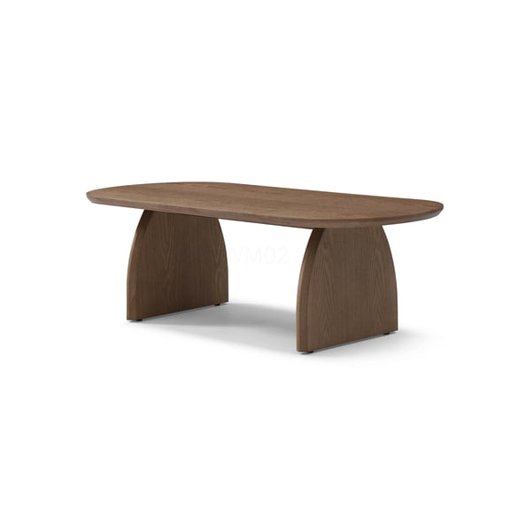 Walnut Oval Coffee Table with Curved Base, Minimalist Modern Sofa Table for Living Room, Fiberboard Center Table with Artistic Design