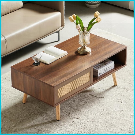 Walnut PE Rattan Coffee Table with Sliding Door Storage, Easy-Clean Top & Solid Wood Legs for Living Room