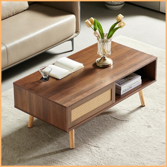 Walnut PE Rattan Living Room Coffee Table with Sliding Door Storage, Easy-Clean & Sturdy Solid Wood Legs