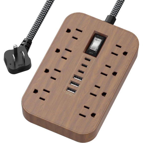 Walnut Power Strip with  Ports - 10 FT  Power Strip, 1625W Decorative Extension Cord with 6 AC Outlet 3 , for Brown Tan  Walnut Grain Aesthetic  Rustic Desk Accessories Decor
