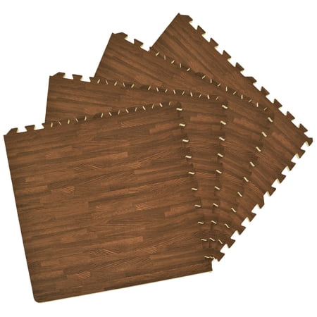 Walnut Printed Wood Grain Interlocking Anti-Fatigue Puzzle Floor Tiles Mats - 24" x 24"