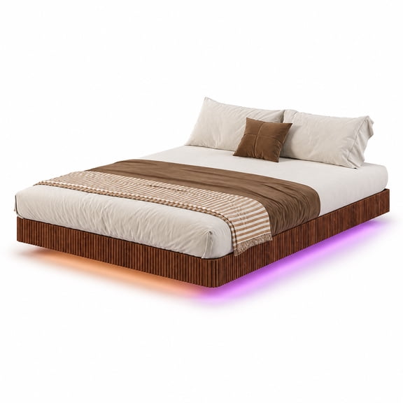 Walnut Queen Floating Bed Frame with LED Lights, Wave Curve Wood Texture Platform Bed, Heavy Duty Metal Slats, No Box Spring Needed, Modern Suspended Bed Frame for Bedroom