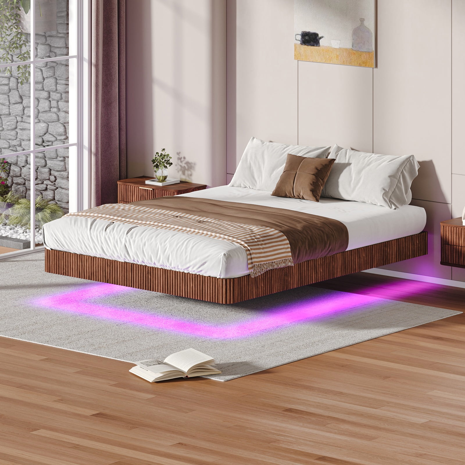 Walnut Queen Floating Bed Frame with LED Lights, Wave Curve Wood ...