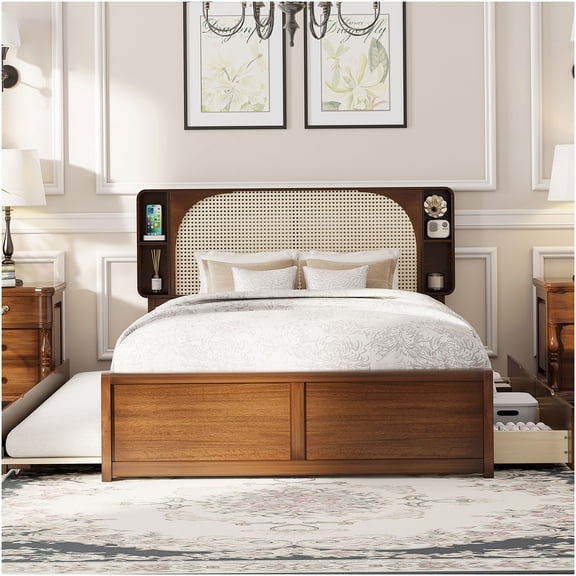 Walnut Queen Storage Bed with Rattan Headboard and Trundle Drawers, Space Saving Platform Bed Frame