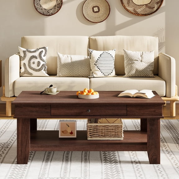 Walnut Rectangular Coffee Table with Drawer and Open Storage Shelf for Living Room - 47" Rustic Farmhouse Center Table - Heavy Duty Wood, Easy to Clean - Holds up to 300 lbs - Color: Brown