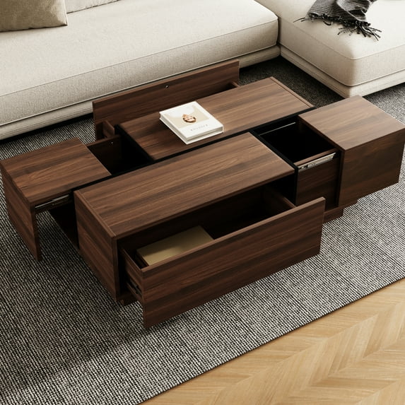 Walnut Rectangular Coffee Table With Sliding Top, 2 Hidden Storages, Drawers, Modern & Top Table, Drawers And Walnut, Purity