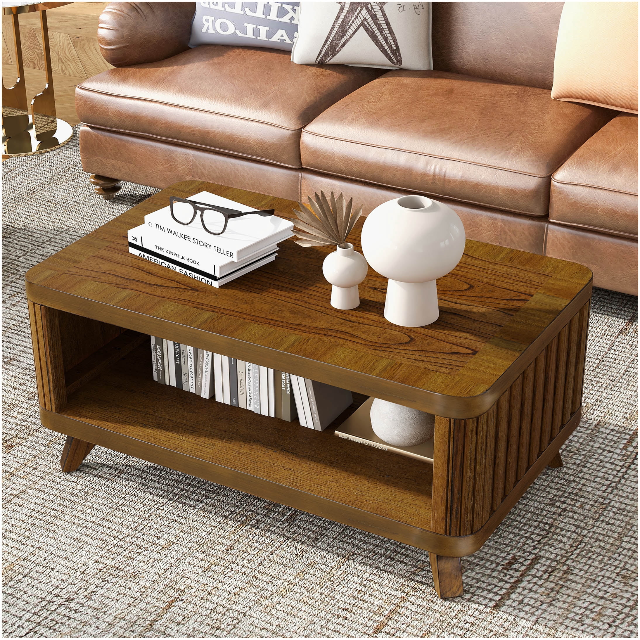 Walnut Rectangular Coffee Table with Storage Shelf, Solid Pine Wood ...