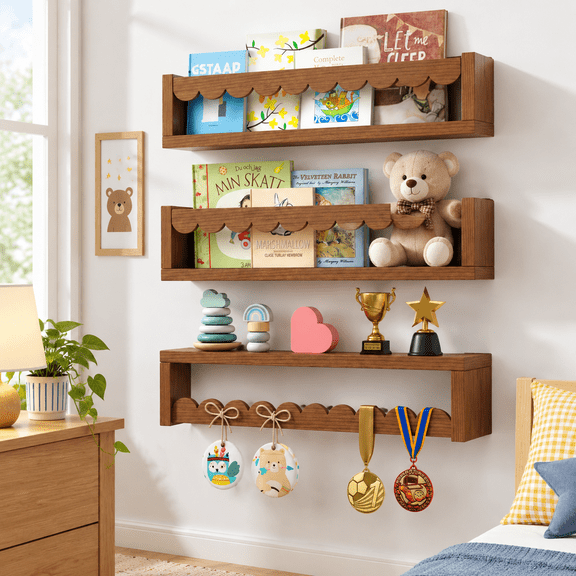 Walnut Rod Shelf 16.5" x 4" Scalloped Floating Wall Shelves Set of 3