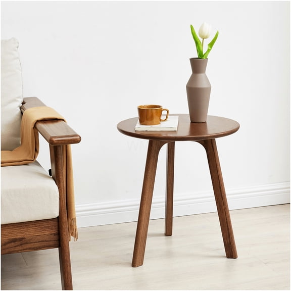 Walnut Round End Table, Solid Oak Wood Side Table for Living Room, Bedroom Nightstand, Small Coffee Table with Easy Assembly
