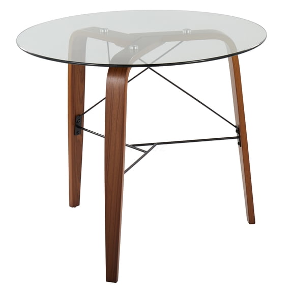 Walnut Round Glass Top Dining Table, Tripod Base Contemporary Dinette Table for Kitchen Breakfast Nook