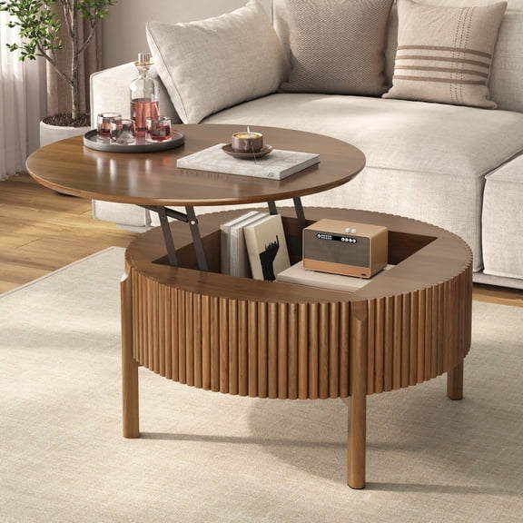 Walnut Round Lift Top Coffee Table, Solid Wood Fluted Cocktail Table with Hidden Storage, Modern Farmhouse Circular Center Table for Living Room