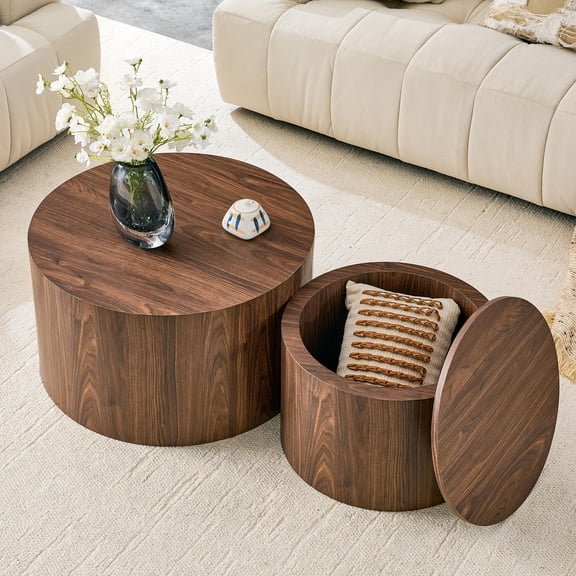 Walnut Round Nesting Coffee Tables Set of 2, Modern Wood Circle End Side Tables for Living Room, Bedroom, Small Spaces, Easy Assembly