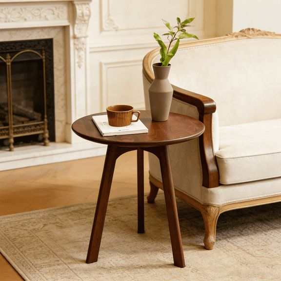 Walnut Round Side Table, Solid Oak Wood Small End Table with 3-Leg Design for Living Room, Bedroom & Office  Natural Walnut Finish, Space-Saving Accent Table