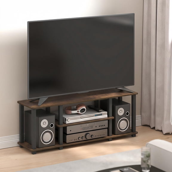 Walnut Round Tube 3-Tier Turn-N-Tube Tool-Free TV Stand Entertainment Center, Open Frame Storage Console Fits Televisions Up to 50 Inch for Living Room & Bedroom