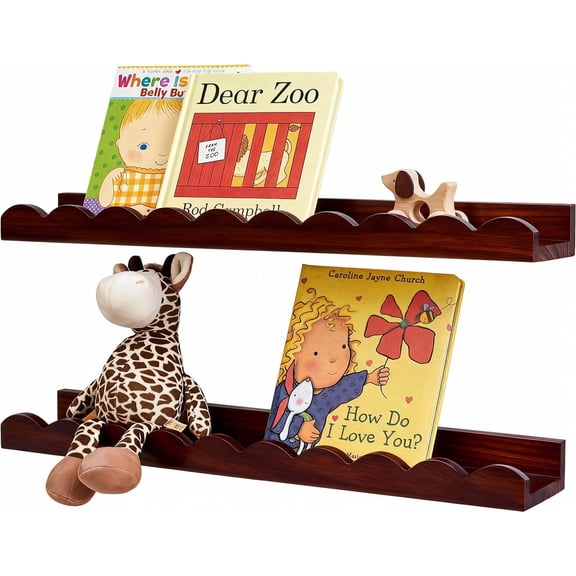 Walnut Scalloped Book Shelf, Dark Wood Nursery Book Shelves Set of 2 Pine Wooden Floating Bookshelf for Wall Cloud Picture Ledge Shelf for Kids Bedroom Baby Child Toddler Room Kitchen(60cm)