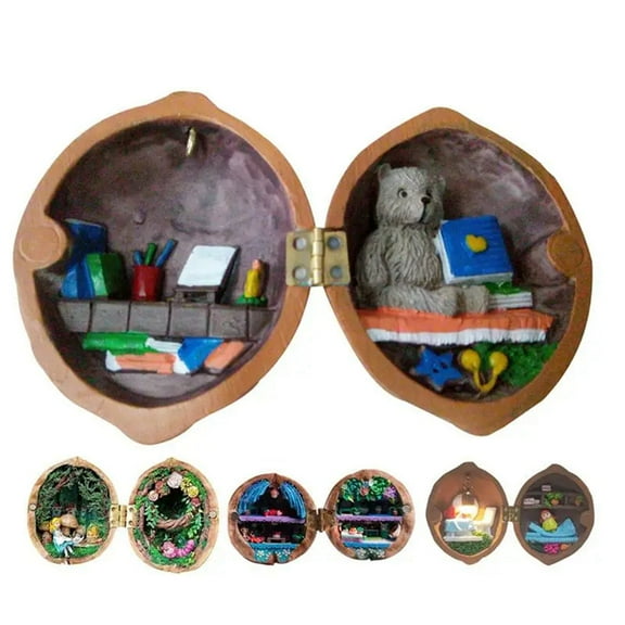 Walnut Shell Dollhouse, Library,Handmade Doll House, Resin Nut Secret 3D Scene,Resin Miniature,B