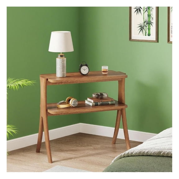 Walnut Side Table - 2 Tier Narrow End Table with Herringbone Legs, Farmhouse Nightstand for Living Room, Bedroom, Entryway - 26.4" Height
