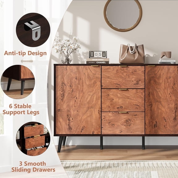 Walnut Sideboard Buffet Cabinet with 3 Drawers  Farmhouse Wooden Storage Credenza, Burl Texture, Open Shelves, Metal Handles, Coffee Bar  Robot Air Friendly (Color: Walnut + Burgundy