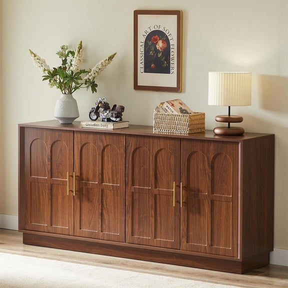 Walnut Sideboard Buffet Cabinet with Storage,66.5'' Kitchen Sideboard with 4 Arched Doors, Long Accent Storage Credenza Cabinet,Coffee Bar Station for Living Room,Dining Room,Entryway