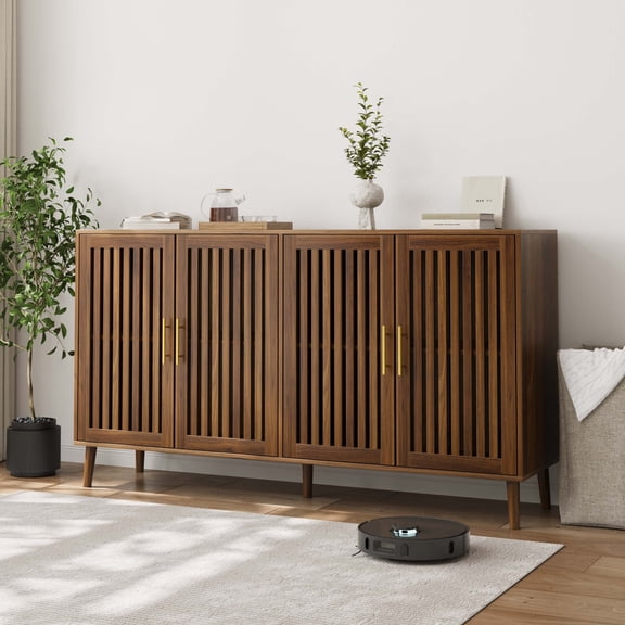 Walnut Sideboard Buffet Cabinet With Storage,Fluted Sideboard with Grille-Striped Doors,Accent Cabinet with Doors,Credenzas for Living Room,Dining Room,Kitchen