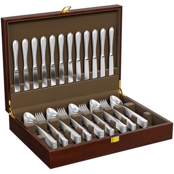 Walnut Silverware Storage Box,Silverware Flatware Case with Felt Lined,Silverware Chest without Silverware,Silverware Organizer with Lid,Flatware Storage Box for 12 sets of UtensilsDark Brown