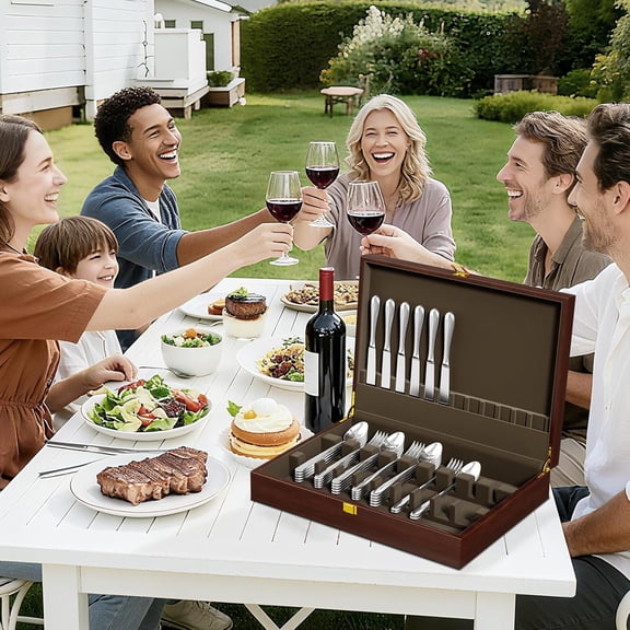 Walnut Silverware Storage Box,Silverware Flatware Case with Felt Lined,Silverware Chest without Silverware,Silverware Organizer with Lid,Flatware Storage Box for 12 sets of Utensils,Christmas Gifts