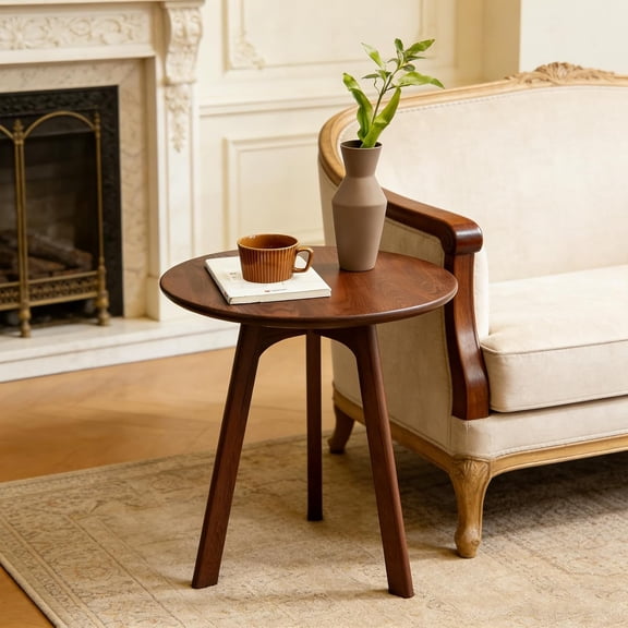 Walnut Small Round Side Table, Solid Oak Wood End Table with 3-Leg Design for Living Room, Bedroom & Office  Walnut Finish, Space-Saving Accent Table