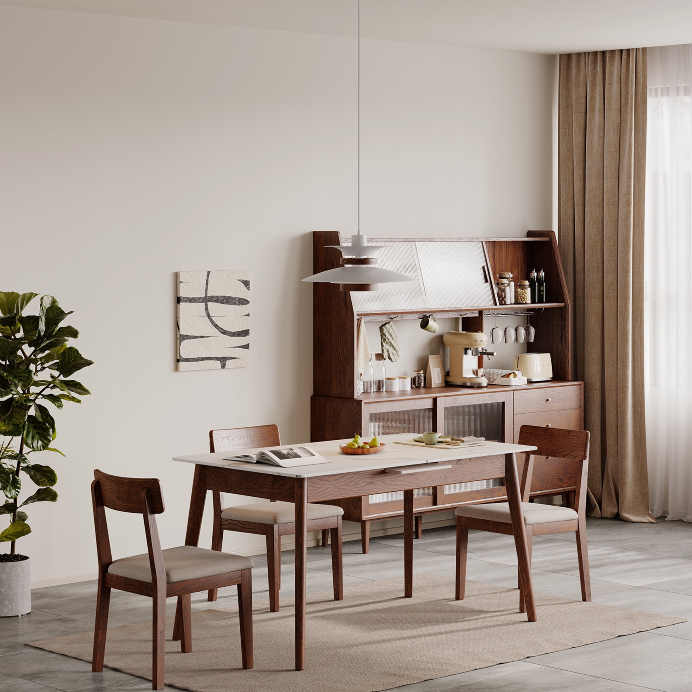 Walnut Solid Oak Dining Table with White Slate Top, Round Corner and Diagonal Legs, Telescopic Extendable 1.2-1.5m Table for 6-8 People, Adjustable Length, Walnut + White