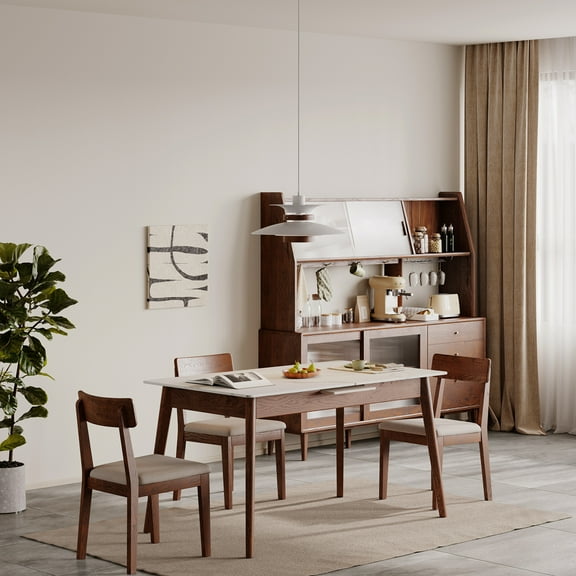 Walnut Solid Oak Dining Table with White Slate Top, Round Corner and Diagonal Legs, Telescopic Extendable 1.2-1.5m Table for 6-8 People, Adjustable Length, Walnut + White