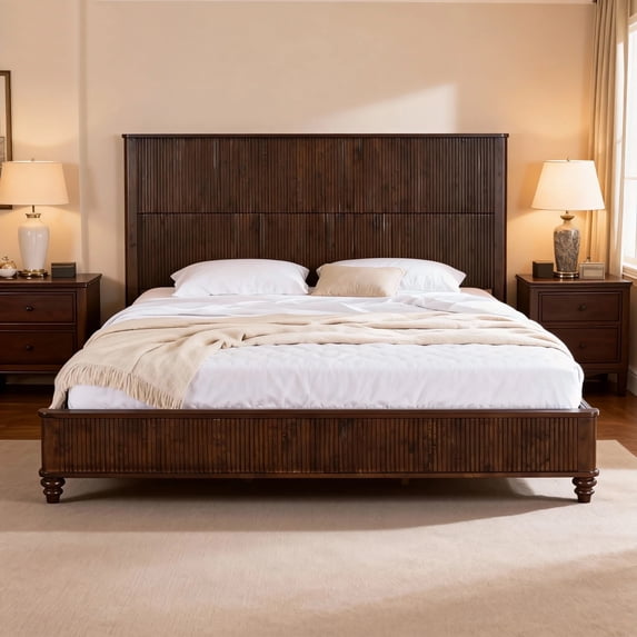 Walnut Solid Wood King Platform Bed Frame with Tall Headboard, Sturdy Natural Wood Bed, No Box Spring Required