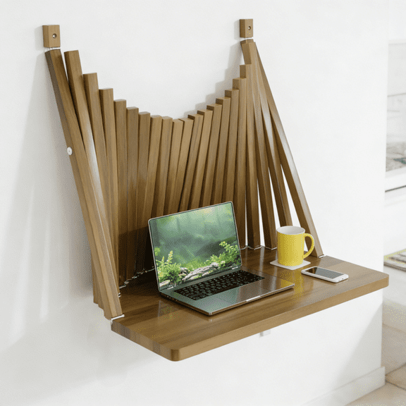 Walnut Solid Wood Wall Mounted Folding Table (Small) - Fold Down Laundry Desk Drop Leaf Wall Desk, for Small Space Office Laundry Kitchen