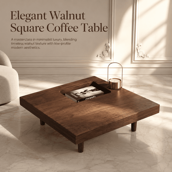 Walnut Square Coffee Table with Storage, 34.6” Living Room Table
