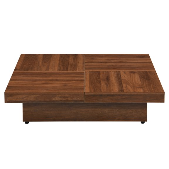 Walnut Square Marble Veneer Coffee Table with Sliding Top and Hidden Storage, 39.4 Inches Modern Living Room Furniture