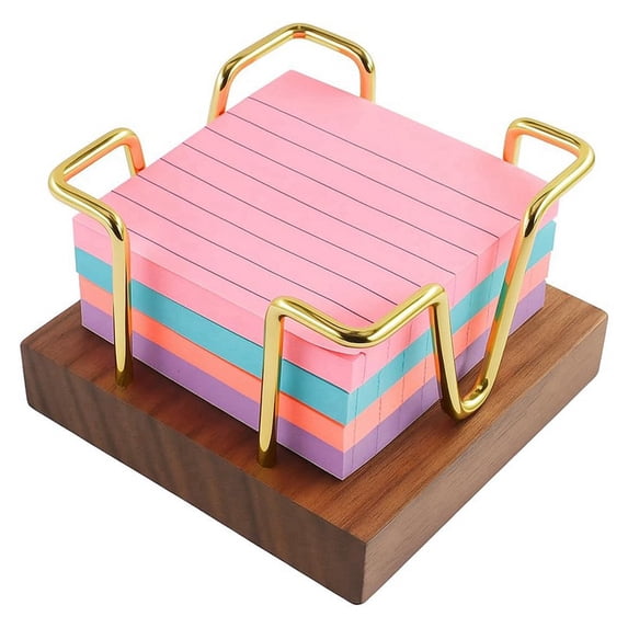 Walnut Sticky Note Holder, Self-Stick Note Pad Holder for Desk, Wood and Gold Metal Wire Notepad Dispenser