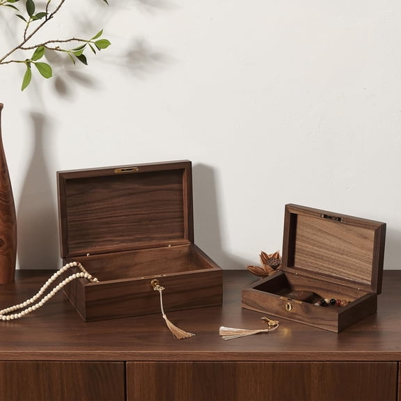 Walnut Storage Boxes with Locking Lid Set of 2 Decorative Solid Wood Storage Baskets Lockable Vintage Wooden Memory Box Chests for Keepsakes Photos Jewelry Desktop Organizer Container