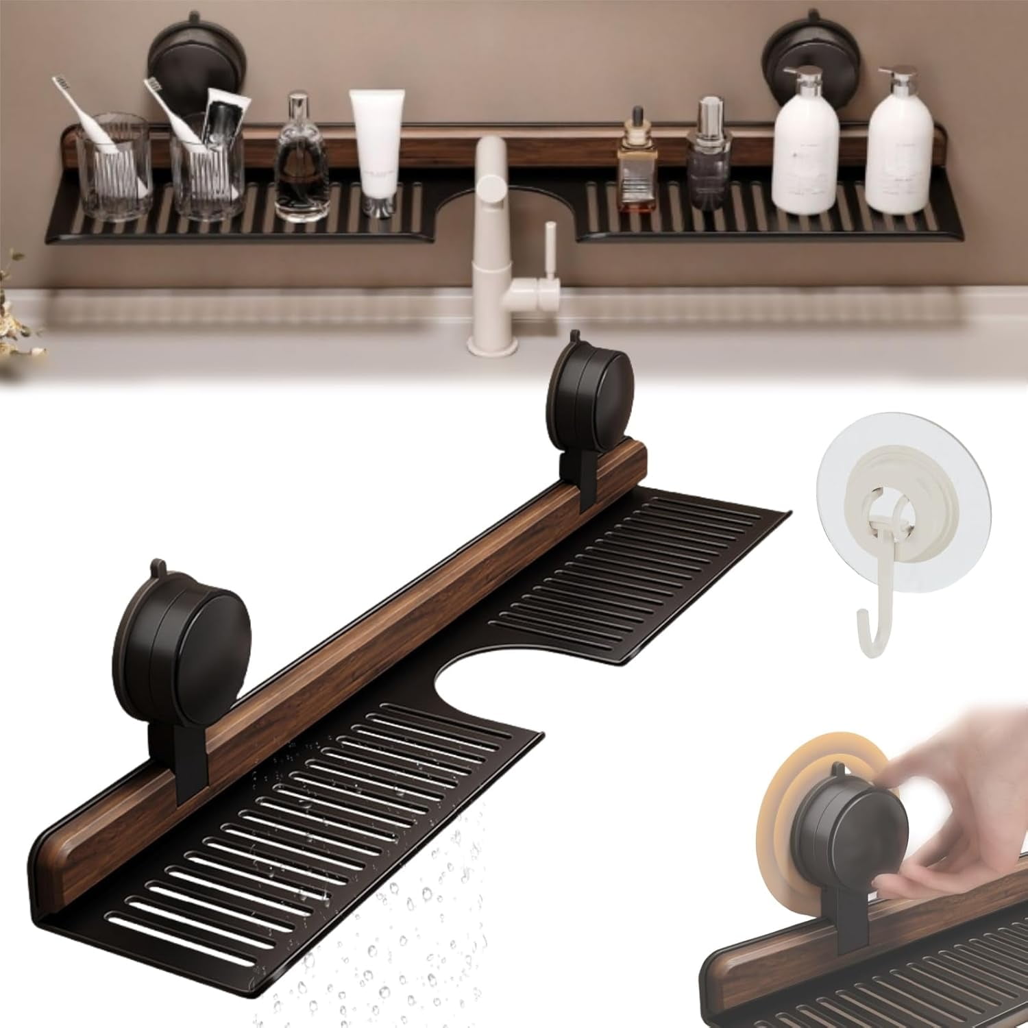 Walnut Suction Cup Bathroom Shelf,No-Drill Bathrooms Kitchen