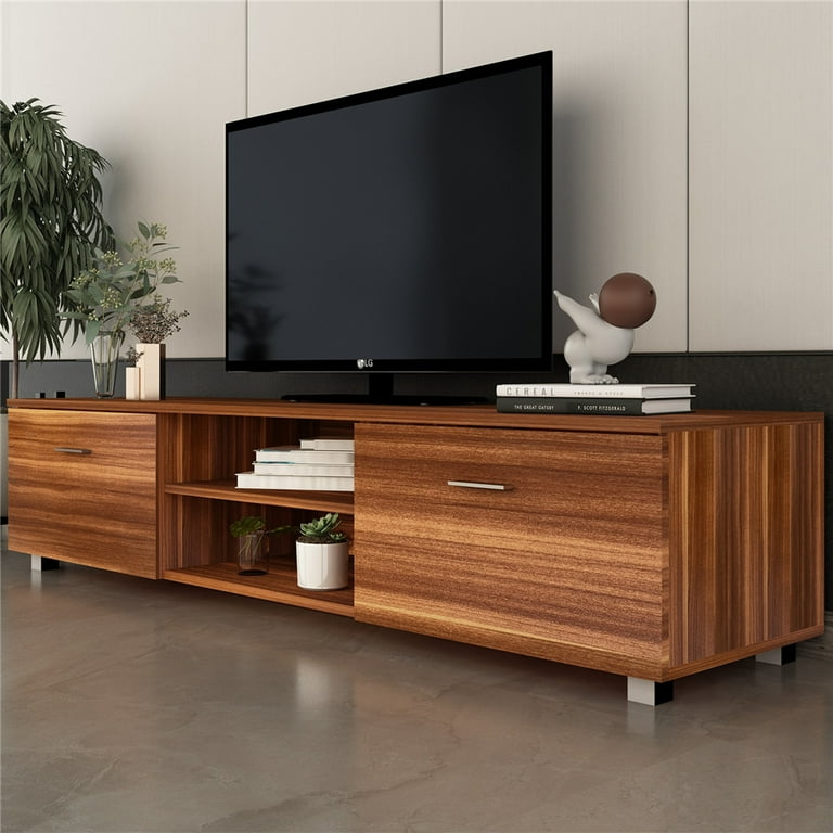 Walnut TV Console for 65 Inch TV SEGMART Modern TV Stand Table with LED Lights High Gloss TV Console Cabinet with Storage Drawers Home Media