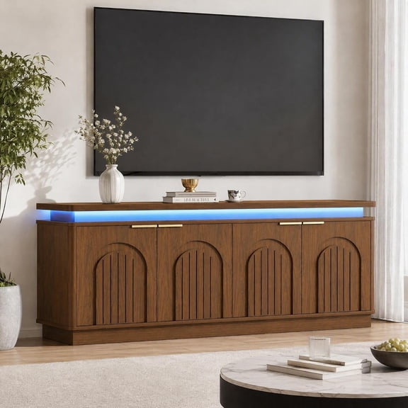 Walnut TV Stand for 75'' TV,Modern TV Console with Light for Living Room Entertainment Center with Adjustable Shelf,Arched Door,Mid Century Modern Media Console with Floating Top