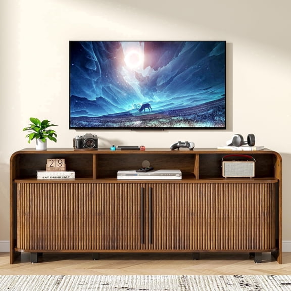 Walnut TV Stand for 65-75" TV, 63" Fluted Mid Century Modern Console with Sliding Doors, Storage, Adjustable Shelves