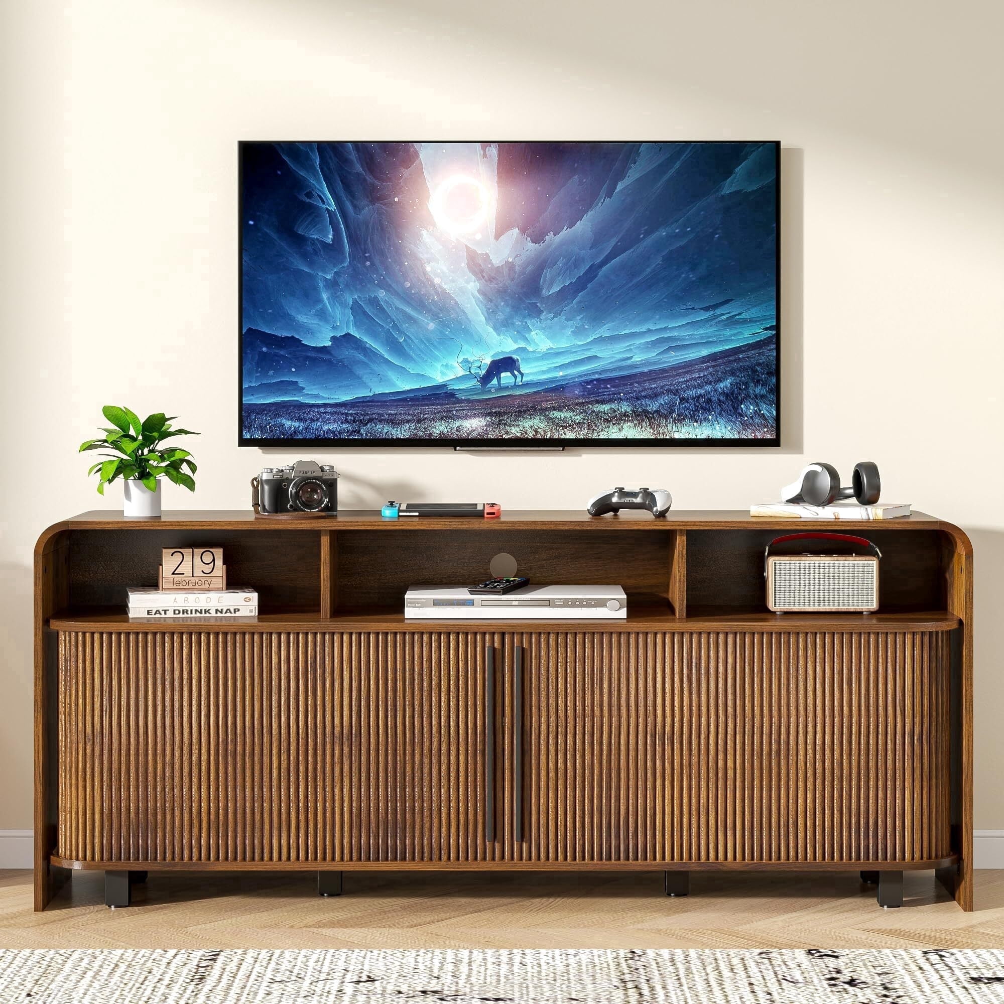 Walnut TV Stand for 65-75" TV, 63" Fluted Mid Century Modern Console with Sliding Doors, Storage, Adjustable Shelves