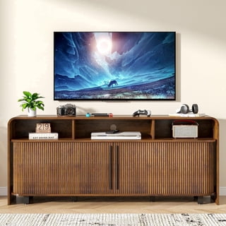 Walnut TV Stand for 65-75" TV, 63" Fluted Mid Century Modern Console with Sliding Doors, Storage, Adjustable Shelves