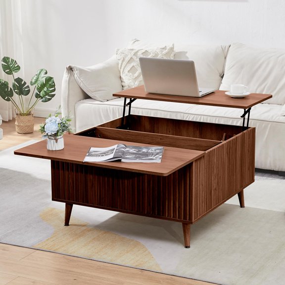 Walnut Top Coffee Table With Storage, Mid-Century Modern Square Center