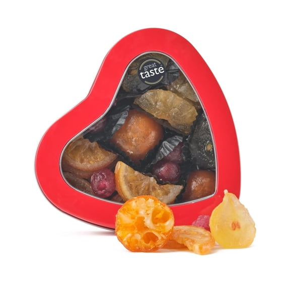 Walnut Tree Heart-Shaped Tin Gourmet Glace Fruit Gift, Crystallised Fruits Handpacked in the UK Great Taste Award Winner Luxury Gift Selection, Birthday, Anniversary, 220g